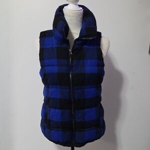 Old Navy Blue and Black Plaid Puffer Vest